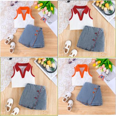 Children's Summer Clothing Short Sleeve New Baby Girl Vest Top + Cowboy Half Body Short Sleeve Suit Girls Fashionable Suit