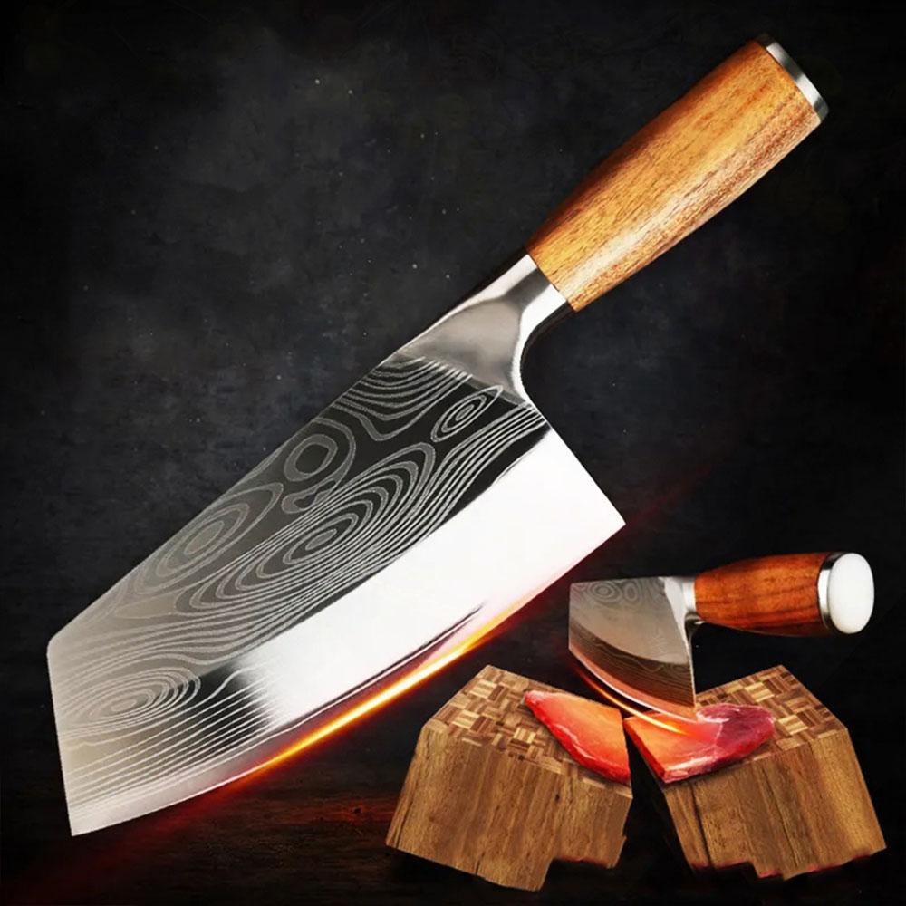 Laser Damascus Stainless Steel Cleaver Knife Wood Handle Kitchen Knives Cleaver Meat Chopping Vegetable Chef Butcher Knife Heavy