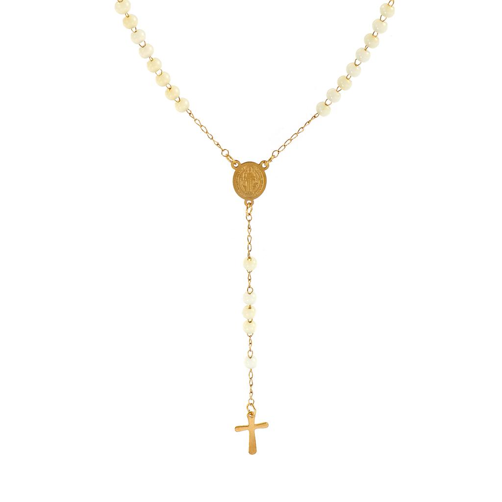 Chaîne perlée Croix Chapelet Collier 304 Acier Inoxydable Plaqué Or 55cm(21,7") St. Médaille de Saint Benoît Religieux Rétro