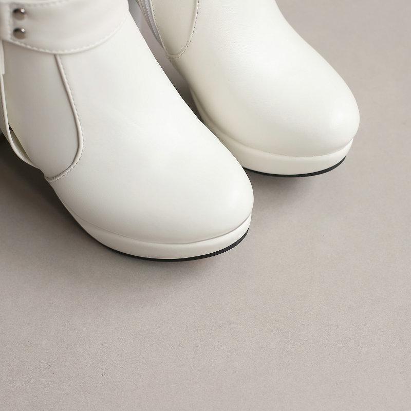 Women's Mid Calf Pleated Boots Black White Slouch Boots Belt Buckles Platform Shoes 10cm Comfy Chunky Heels Footwear