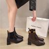 Women Boots Autumn Casual Leather Shoes Woman Fashion Square Toe Chunky Heel Shoes Slip-On Modern Boots Handmade Short Boots