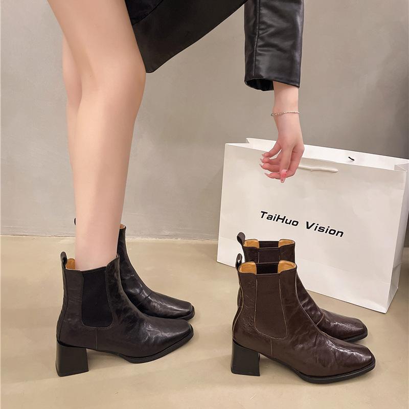 Women Boots Autumn Casual Leather Shoes Woman Fashion Square Toe Chunky Heel Shoes Slip-On Modern Boots Handmade Short Boots