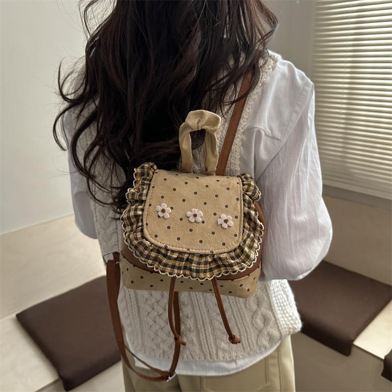 Polka Dot Floral Patchwork Design Backpack for Women Versatile Sweet Girls Drawstring Shoulder Bags Lightweight Travel Handbag
