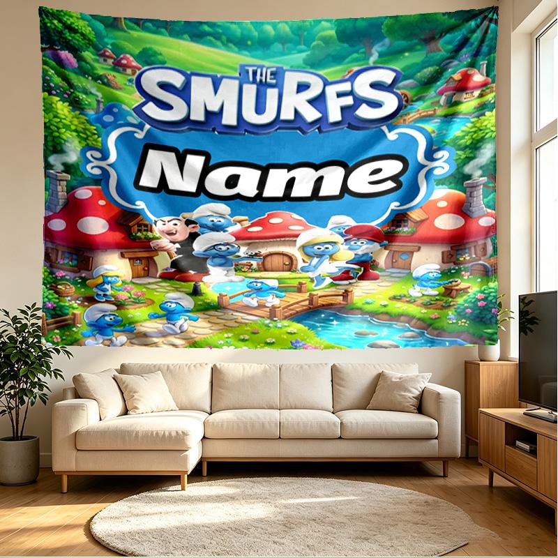 Custom Name Personalized Blue Smurfs Print Tapestry, Wall Art Decor, Bedroom, Dorm, Apartment, LivingRoom, Party Backdrop, Gift for Birthday