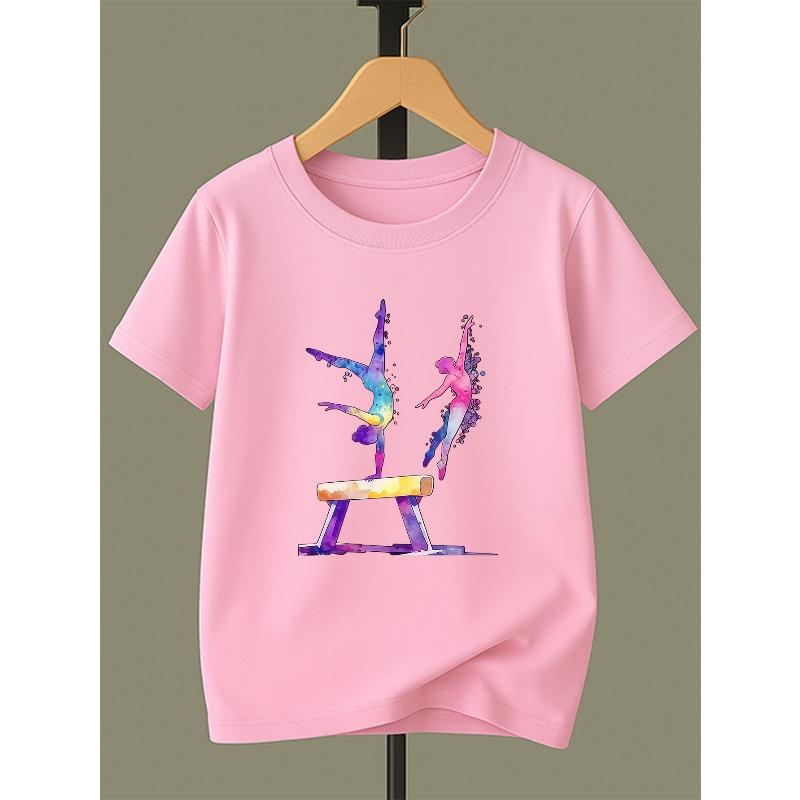 European sizes Girls' Casual Round Neck Short Sleeve Top, Comfortable Fabric, Wrinkle And Wear-Resistant, Artistic Gymnastics Print