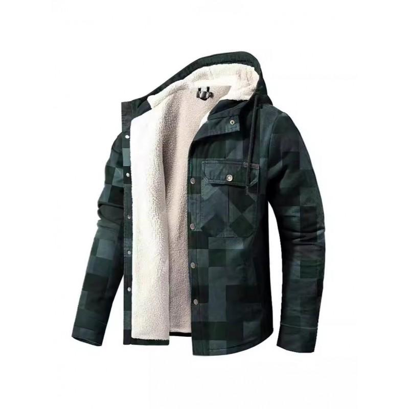Mens Thick Cotton Coat Plaid Long Sleeve Loose Hooded Jacket Casual Winter Warm Outerwear