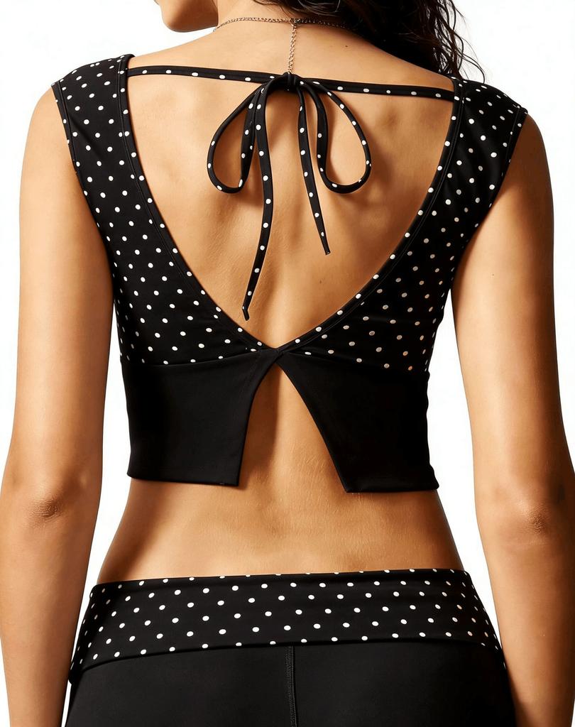 Printed Yoga Set Featuring A Large Open-Back, Tie-Up, Breathable, Shockproof Sports Top And Fold-Over Flare Pants For Women