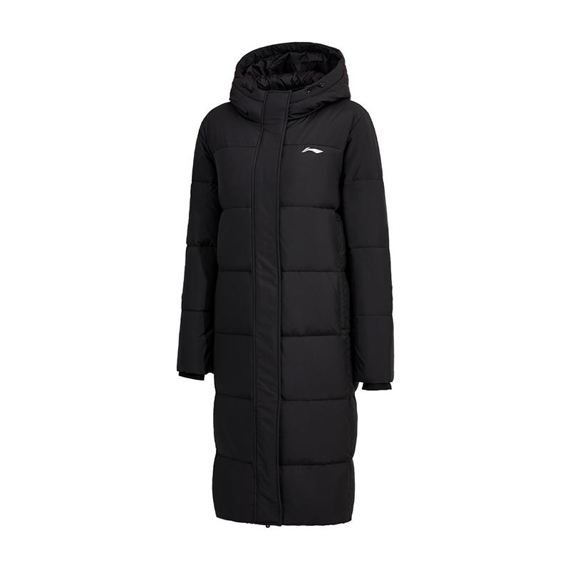 Li Ning Logo Print Windbreaker Lange Lockere Daunenjacke mit Reißverschluss Damen Oberbekleidung Schwarz AYMU708-1