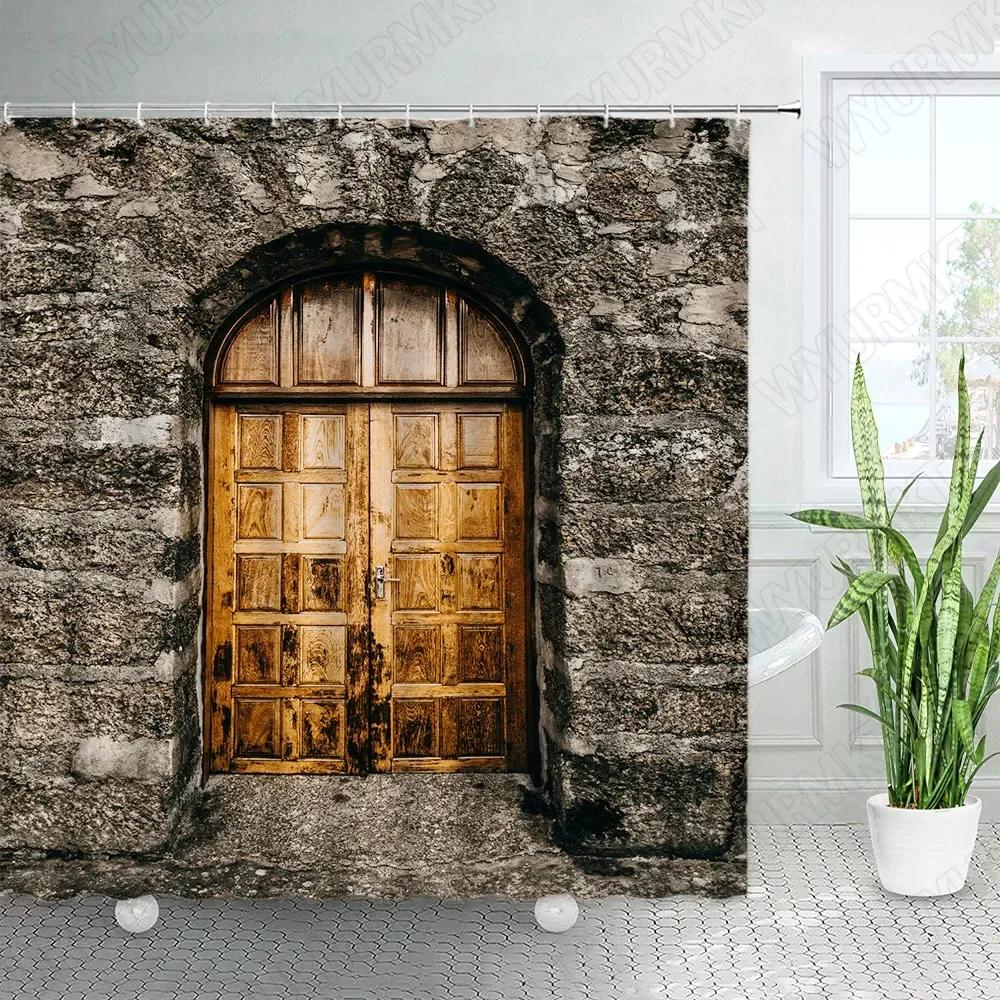 Vintage Dřevěná Prkna Sprchové Závěsy Retro Cihlová Zeď Pouliční Světla Farma Vrata do Stodoly Zelené Listy Rostlina Látka Domácí Koupelnová Dekorace