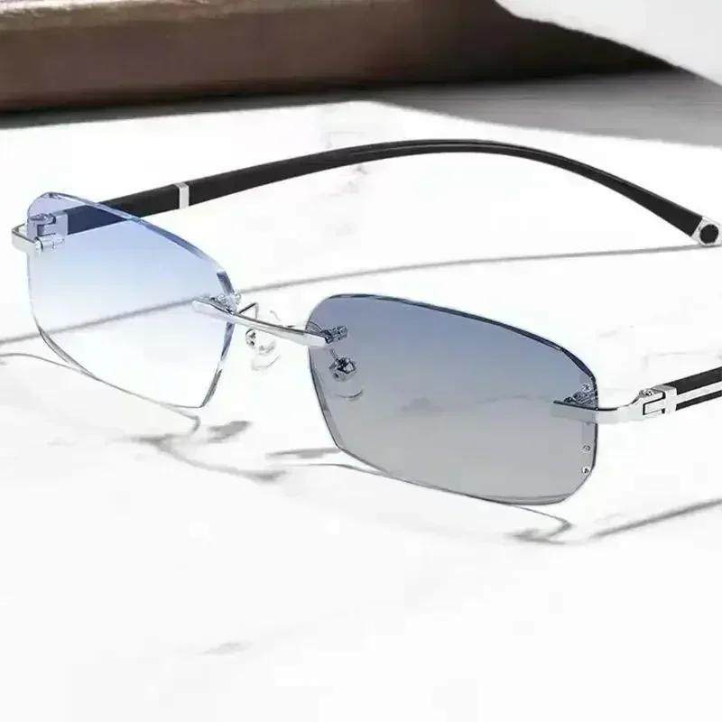 Frameless Anti Blue Light Photochromic Reading Glasses Diamond Cut Edge Business Square Glasses Transparent Presbyopia Glasses
