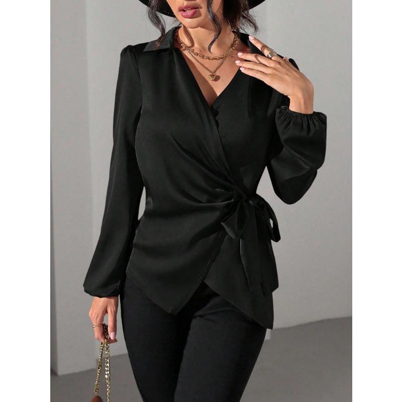 Spring and Winter Lace Up Waist Cinching Shirt New Long Sleeved Women Blouse Shirt with Tie Up Waist Fashion Tops Casual V Neck Clothing