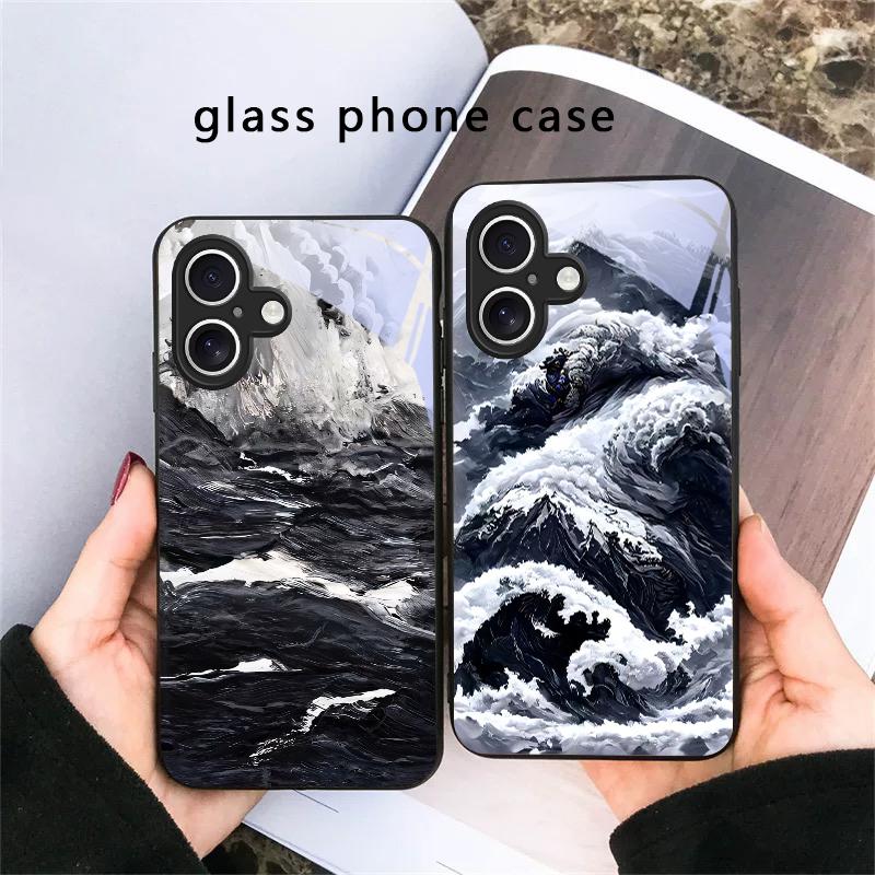 Abstract Modern Waves For iPhone 17 Air 16 E 15 Plus 14 Pro Max 13 12 mini 11 5 6 7 8 Plus XR XS Max SE Black Glass Phone Case