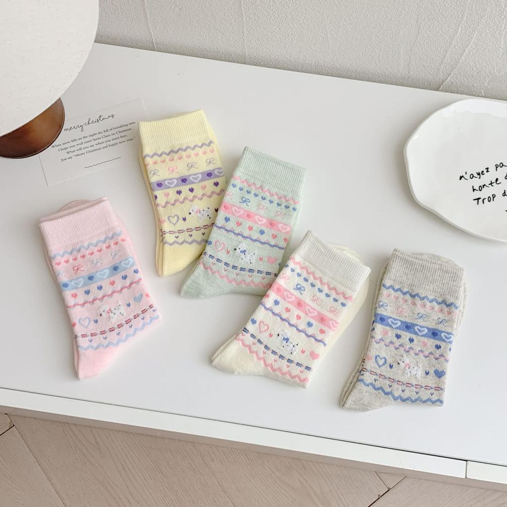 Socks Women'S Mid-Tube Socks Cute Bow Pile Socks Polka Dot Dog Vintage Light Gray Women'S Socks