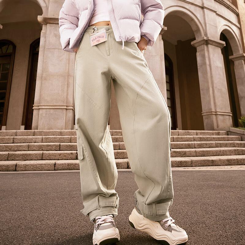 FILA Original Solid Color Outdoor Casual Sports Straight Leg Mid Rise Zipper Cargo Loose Fit Multi Pocket Work Pants Women pants Khaki F51W449801F-LK