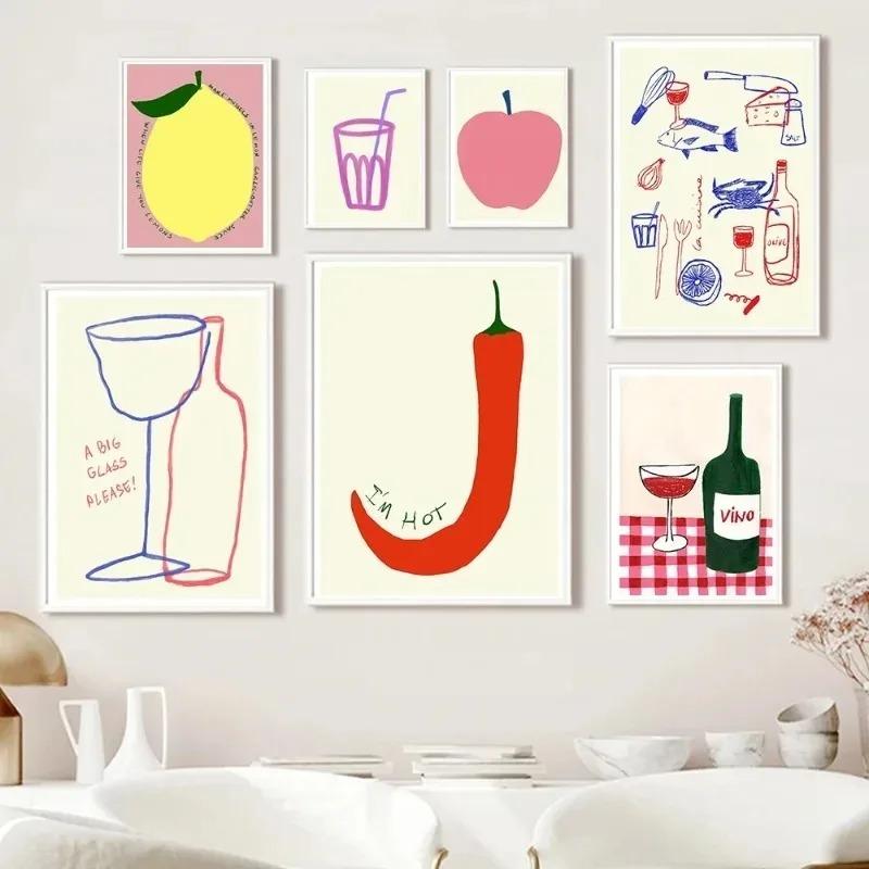 Modern Kitchen Wall Art Picture Hot Chilli Lemon Big Glass Wine Print Canvas Painting Nordic Posters For Living Room Bar Decor