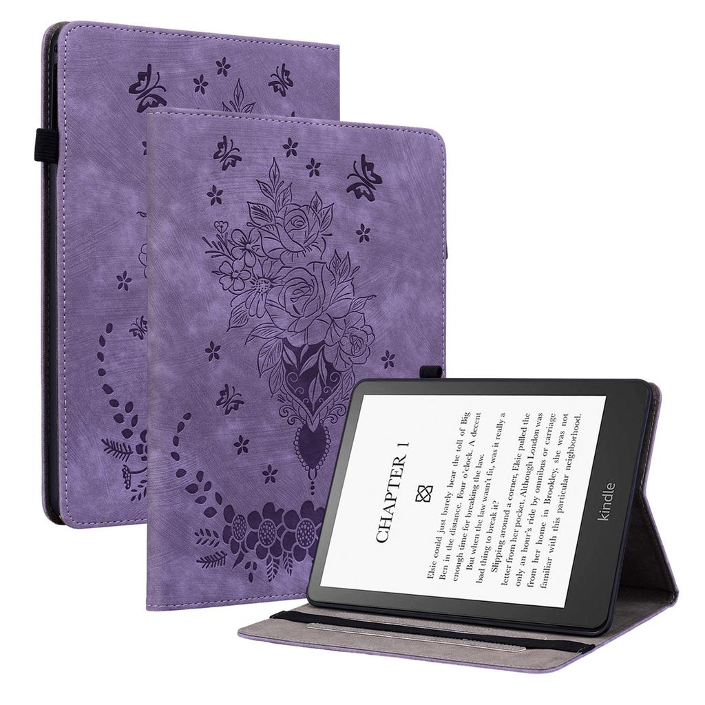 For Amazon Kindle Paperwhite (2024)/Kindle Colorsoft Leather Case Card Holder Rose Flower E-Reader Cover