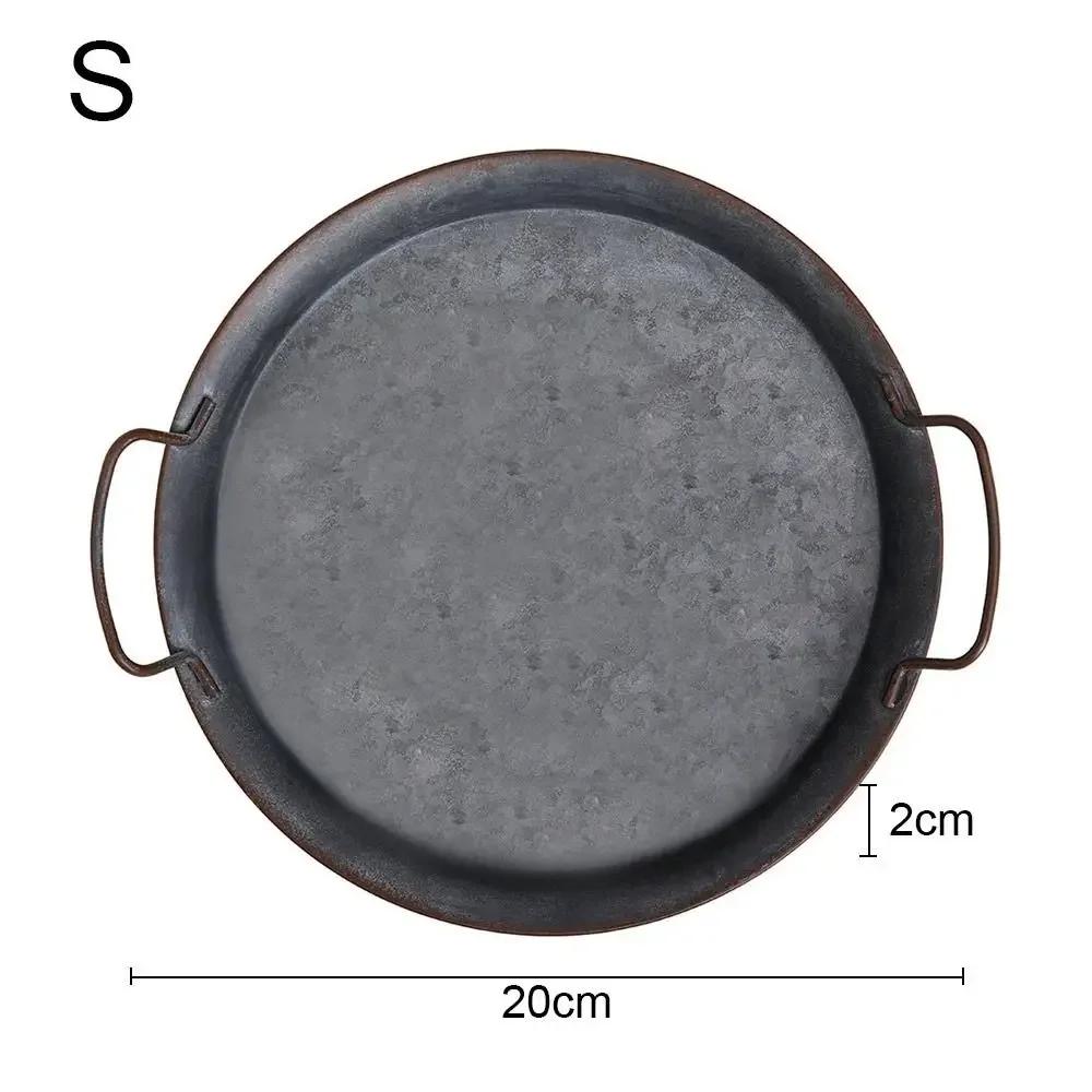 Vintage Iron Bread Tray with Handle Round Metal Plate for Food Serving Home Decor Kitchen Tableware Photo Prop