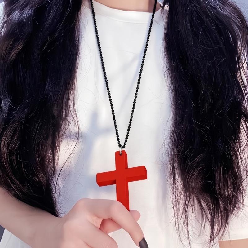 Cool Punk Gothic Wood Cross Pendant Necklace for Women Men Vintage Black White Hip Hop Y2k Necklace Party Jewelry Gift