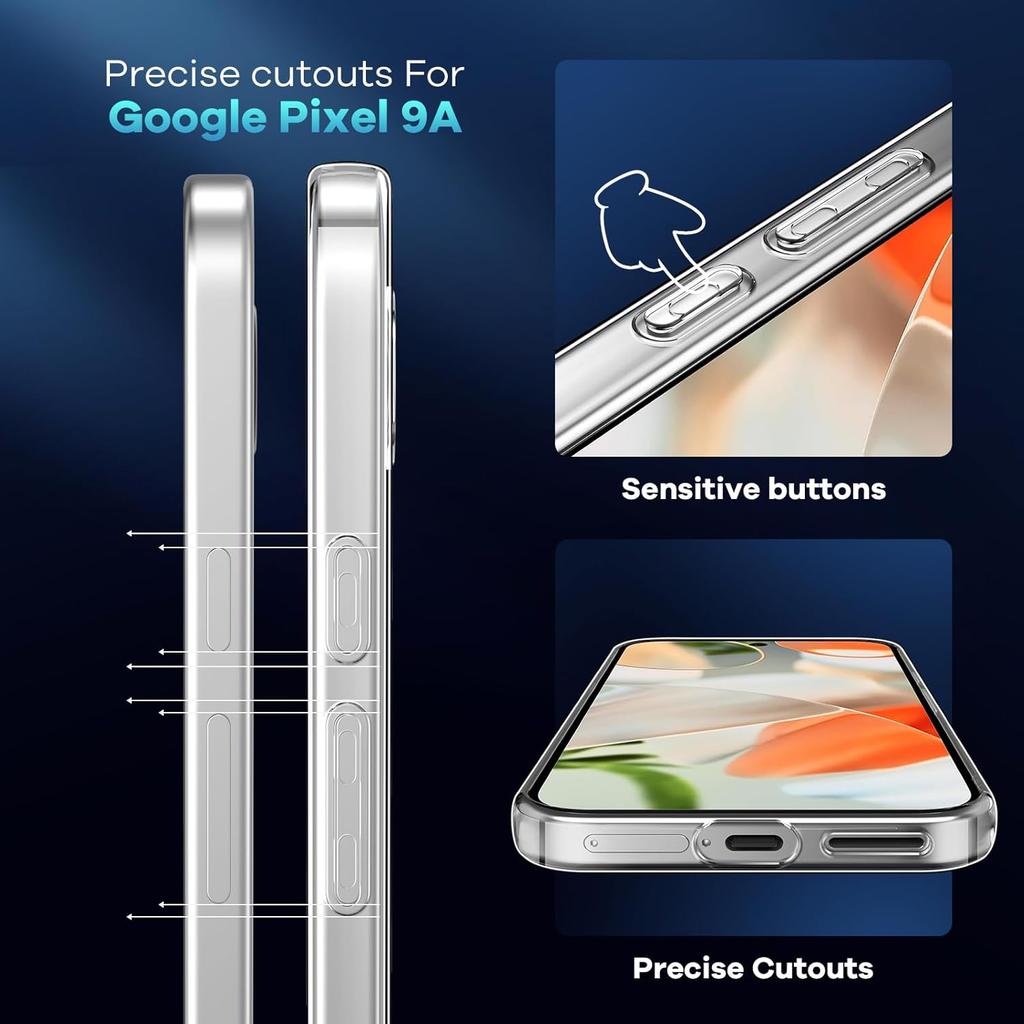 For Google Pixel 9a Case TPU Clear Phone Cover+2PCS Tempered Glass Screen Film 2.5D Arc Edge