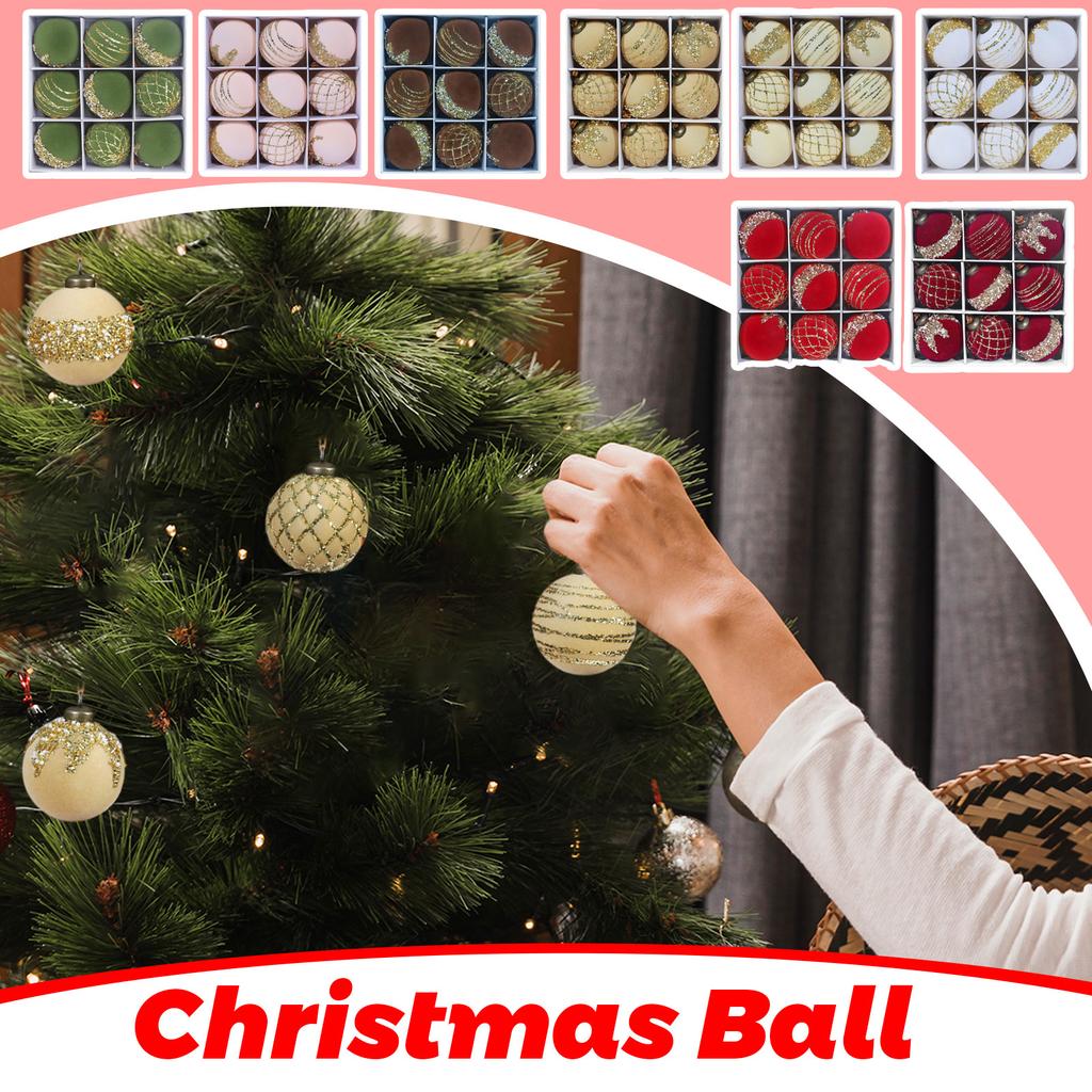 Lamp-painted Plastic Christmas Tree Decorative Hanging Ornaments, 8cm 9pcs Flocked Christmas Ball Set
