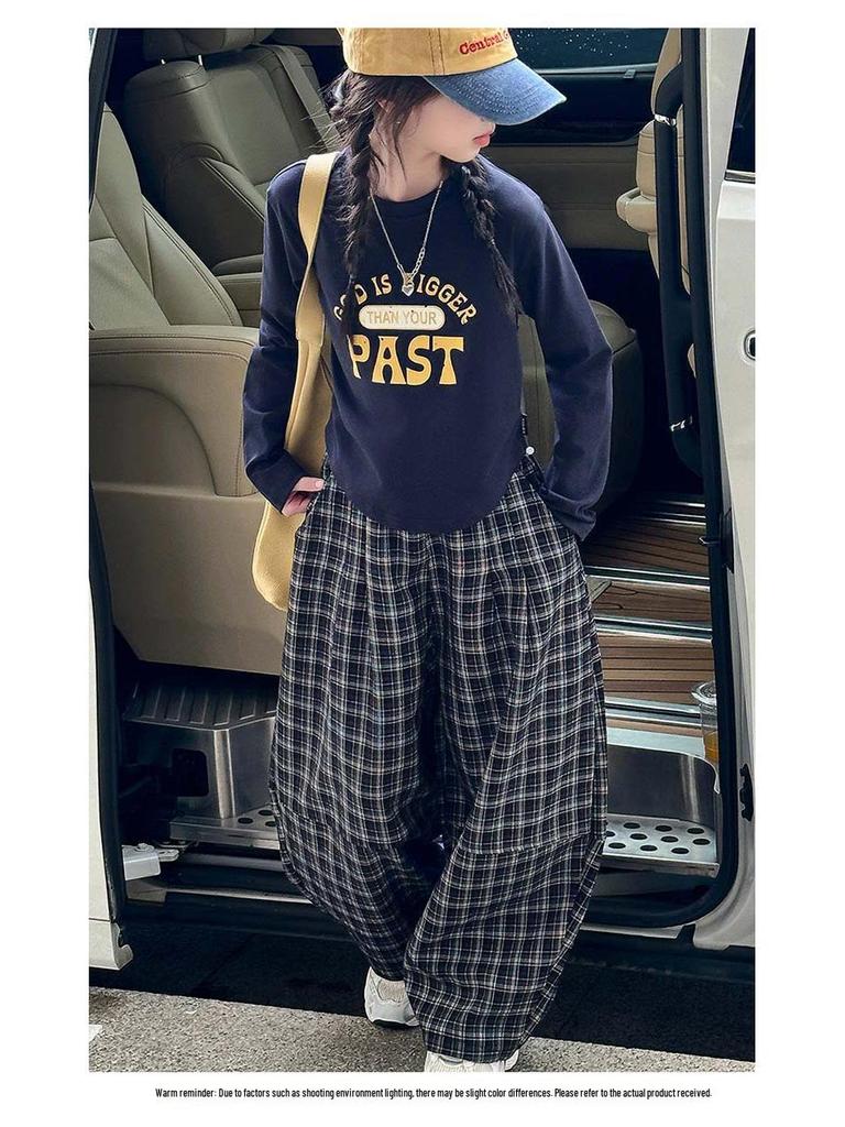 Sportliches zweiteiliges Mädchenset Herbst 2025: Buchstaben Kordelzug T-Shirt & Karierte Hose (Größe 7)