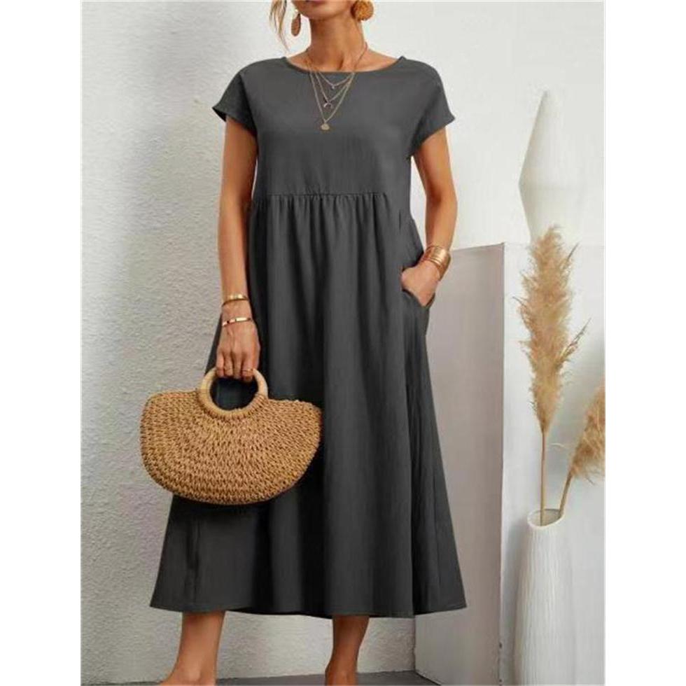 European and American Solid Color Sleeveless Loose Cotton and Linen Pocket Dress