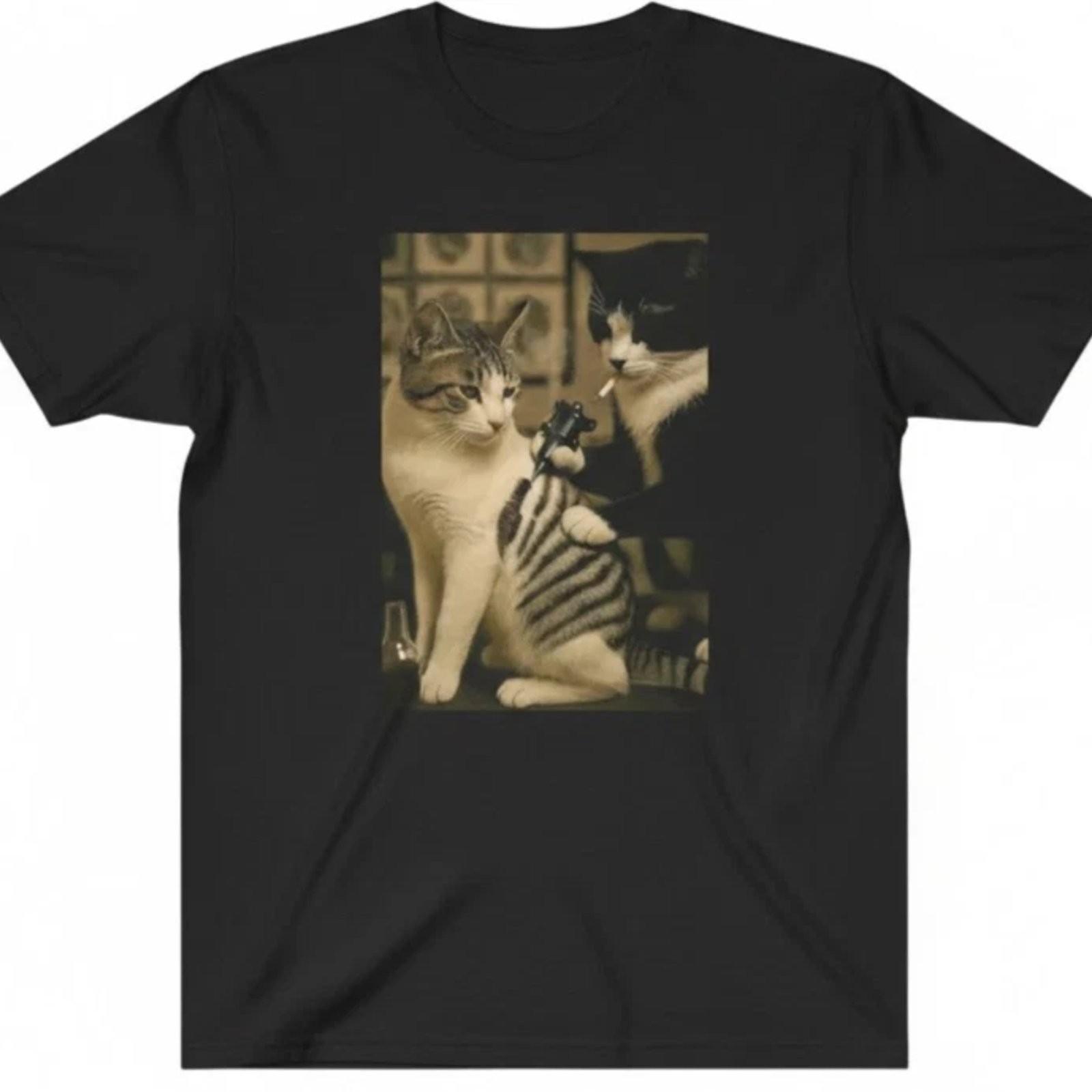 Funny Cat Tattoo Meme Viral Graphic T-Shirt Cotton Tee S