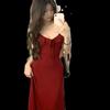 French Vintage Burgundy Strap Spaghetti Strap Dress for Women, New Autumn Spicy Girl Waist-cinching Slimming Hip-hugging Long Dress