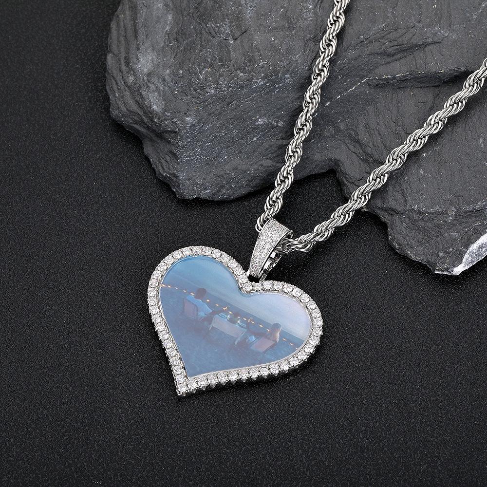 Personalized Men's Heart Pendant: European & American Hip Hop Necklace with Zircon-Embellished Photo Frame