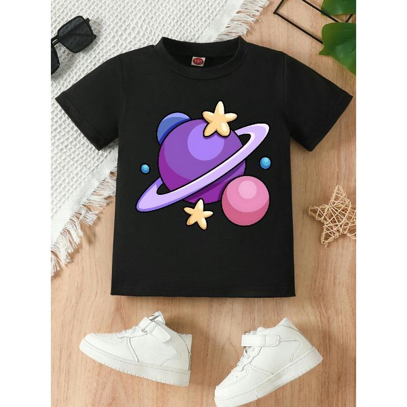 European sizes A Short-Sleeved Round Neck T-Shirt Featuring a Cartoon Planet Design, Perfect for Casual Outings And Daily Wear for Girls