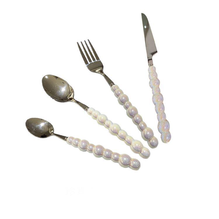 

4 шт. Европейский серебряный модный набор столовых приборов с жемчугом 18/10 из нержавеющей стали для творчества, столовые приборы 304, нож, вилка, ложка, западная кухня