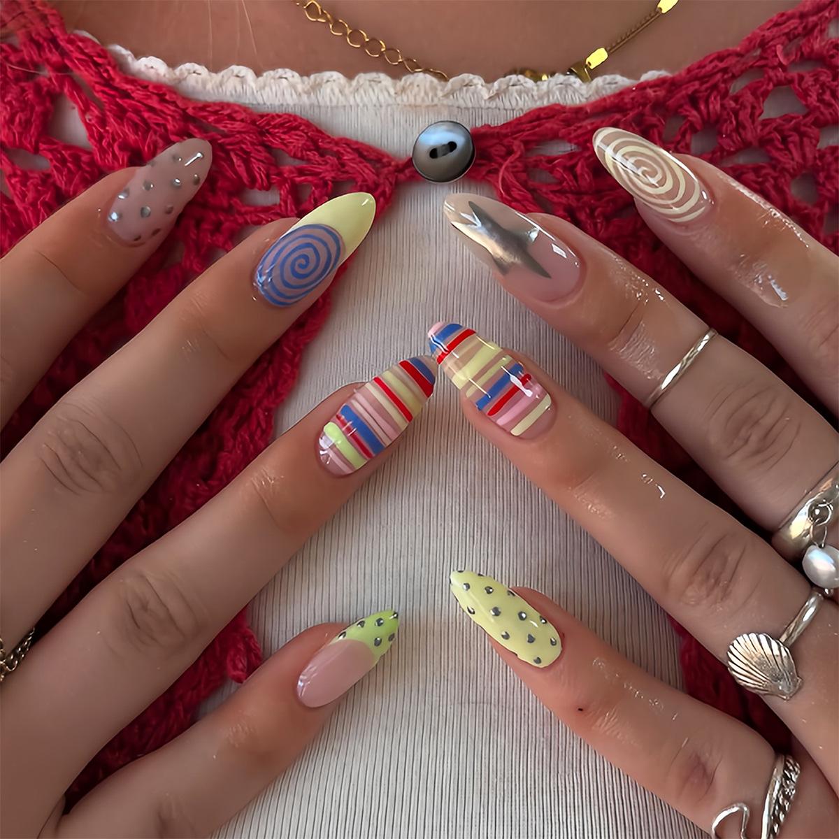 

24PCS Metallic Silver Swirl Sweet Cool Almond Press on Nails Blue Polka Dots Star False Nails Yellow Green Stripes Y2k Nail Tips