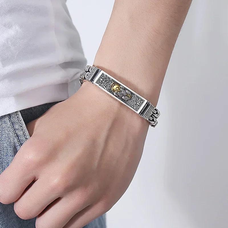 YangFx Silberfarbenes Herren-Armband mit Doppelkette, Peace-Tattoo, Persönlichkeit, beliebter chinesischer Stil, Retro, kreativer Glücksmünzenschmuck