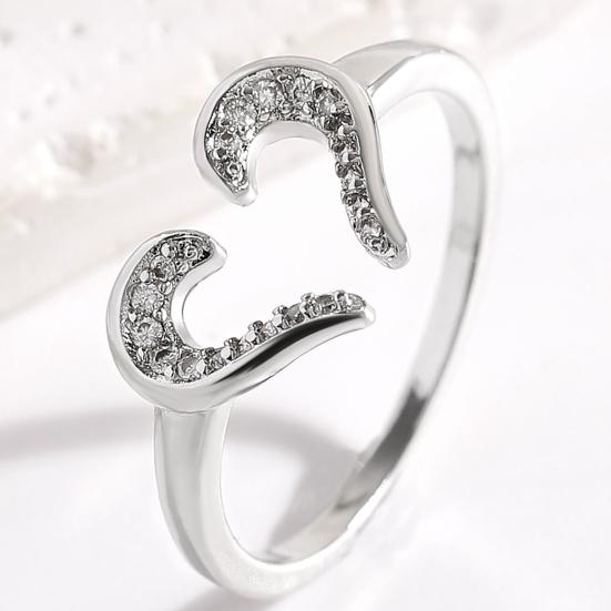 Women Ring Adjustable Open Heart Shape Finger Ring with Cubic Zirconia Semi-Inlaid Design Formal Wear Jewelry Gift