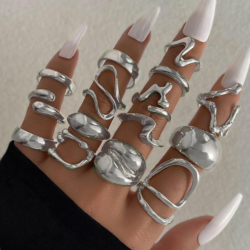 12Pcs/Set Exaggerated Irregular Heart-Shaped Rings for Women Vintage Metal Water Drop Open Rings Set Daily Jewelry Gift