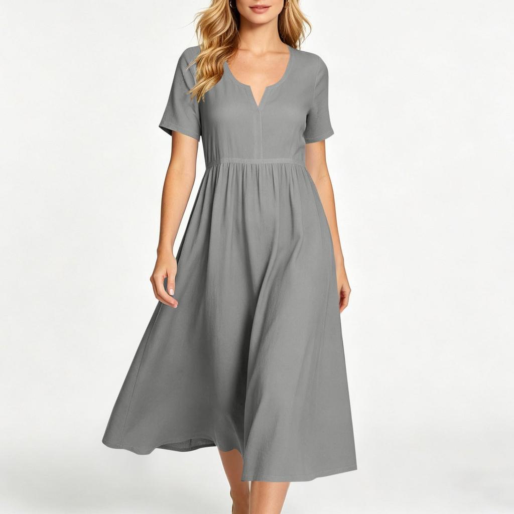 Women's Casual Pleated Midi Dress Short Sleeve V Neck Loose Fit Summer Dress Lightweight Comfortable Fabric