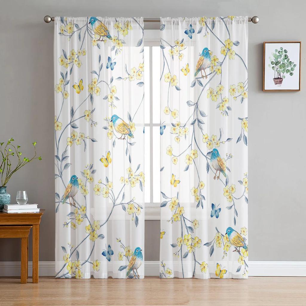 Country Style Leaves Robin Sheer Drapes for Bedroom Living Room Decoration Window Curtain Kitchen Curtain Panels