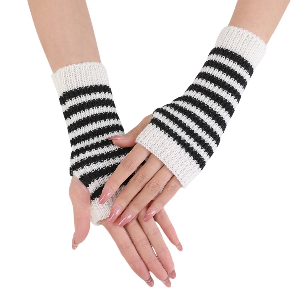 Color blocked Thin Strip Gloves for Women Autumn and Winter Knitted Wool Sleeves  Warm and Cold Proof Fashionable Fingerless Arm Sleeves