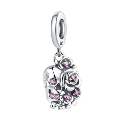 Genuine Copper Charm Luxurious Pink Flowers Skull Pendants Bead Fits Bracelets DoItYourself Women Crafting Delicate Gifts