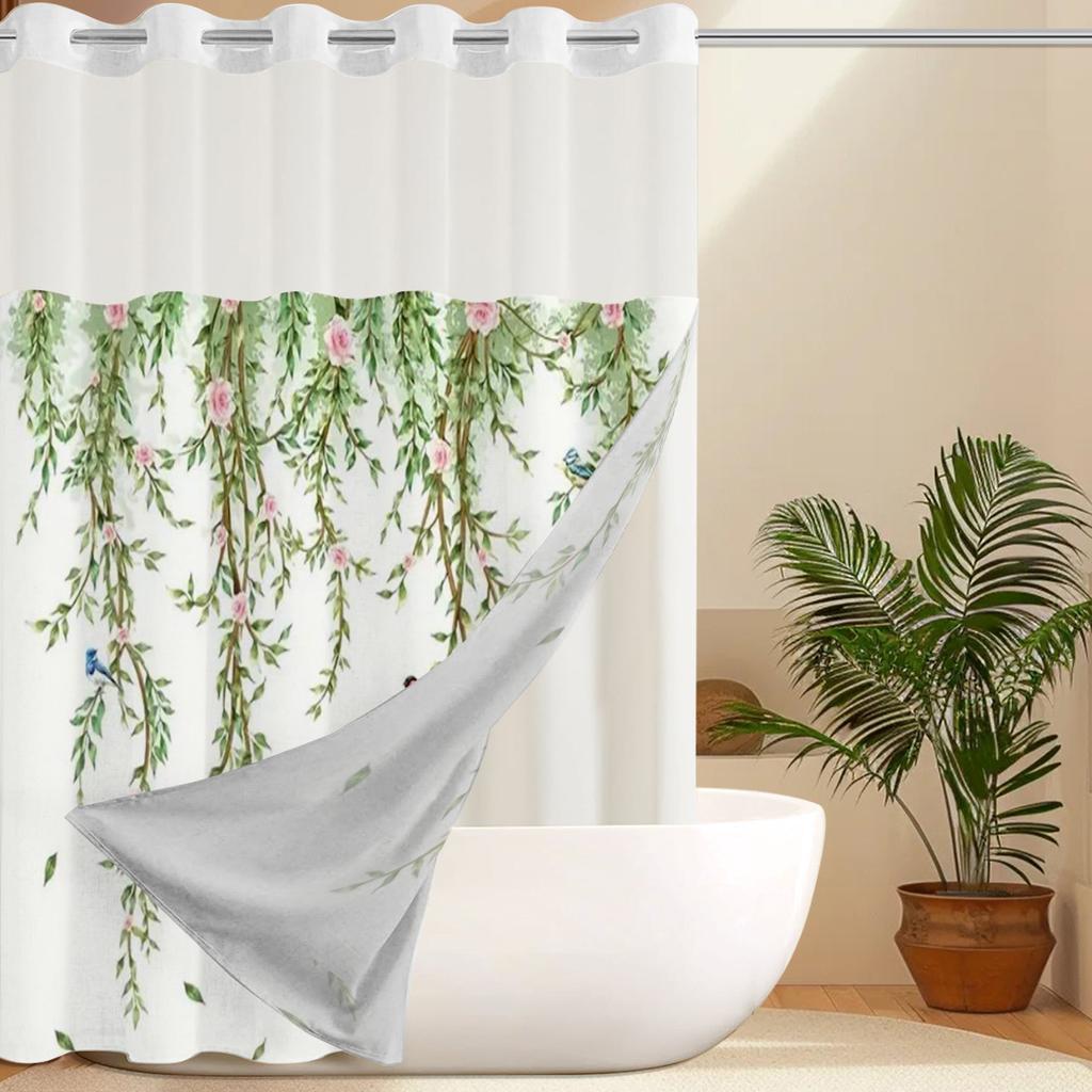 No Hook  Floral with Birds Shower Curtain With Snap-in Fabric Liner, Sheer Top Window, Waterproof Double Layer Bathtub Curtain