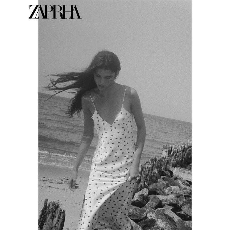 Zaprha 2025 Summer New Vacation V-neck Backless Polka Dot Silk Satin Texture Midi Dress 3067214