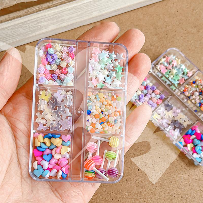 6 Grid Colorful Love Rose Resin Nail Art Charms Nail Bow Flakes Sequins Decoration Manicure Accessories Nail Salon Supply Diy