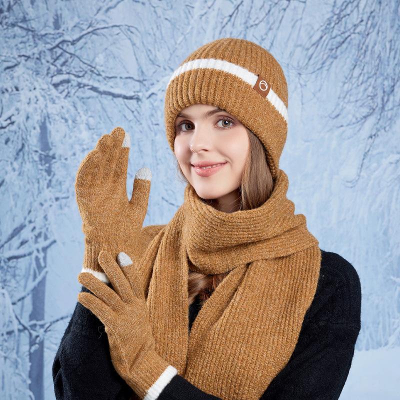 Kvinnor Höst Vinter Varm Tjocka Öronskydd Mössa Kall Utomhuscykling Stickad Mössa Set Söt Söt Mössa Scarf Handskar Tredelad Set