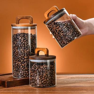 Transparent Coffee Beans Sealed Tank Glass Food Storage Jars with Wooden Lid Moisture-proof Container for Beans, Rice,Sugar