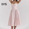 Damklänning Lågskuren spaghettirem Rygglös Ärmlös A-linje Big Swing Ren färg Smal midja Plisserad Cocktailparty Bal midiklänning