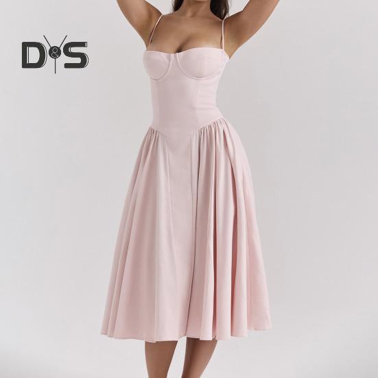 Damklänning Lågskuren spaghettirem Rygglös Ärmlös A-linje Big Swing Ren färg Smal midja Plisserad Cocktailparty Bal midiklänning