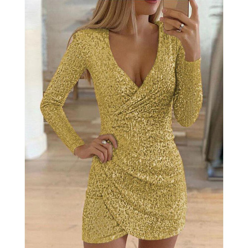 Fashion Clubwear V-neck Sequin Mini Dress Ball Gown Bodycon Party Dress Party Evening Dresses