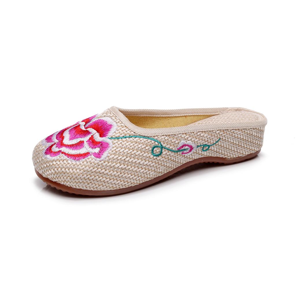Mote Nye Kinesisk Stil Dame Broderte Tøfler Damer Retro Slides Kvinner Ryggløse Flate Sko Blomster