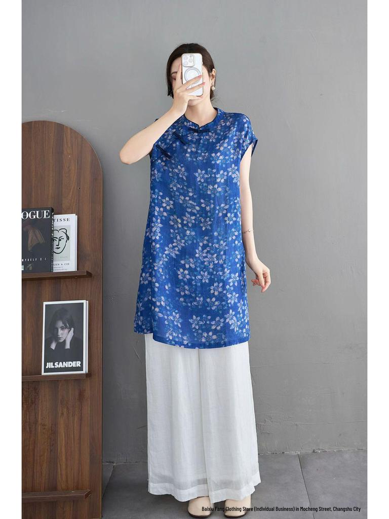 2026 Spring/Summer Women's Elegant Stand Collar Asymmetrical Lapel Shirt with Chinese Tang Dynasty Print