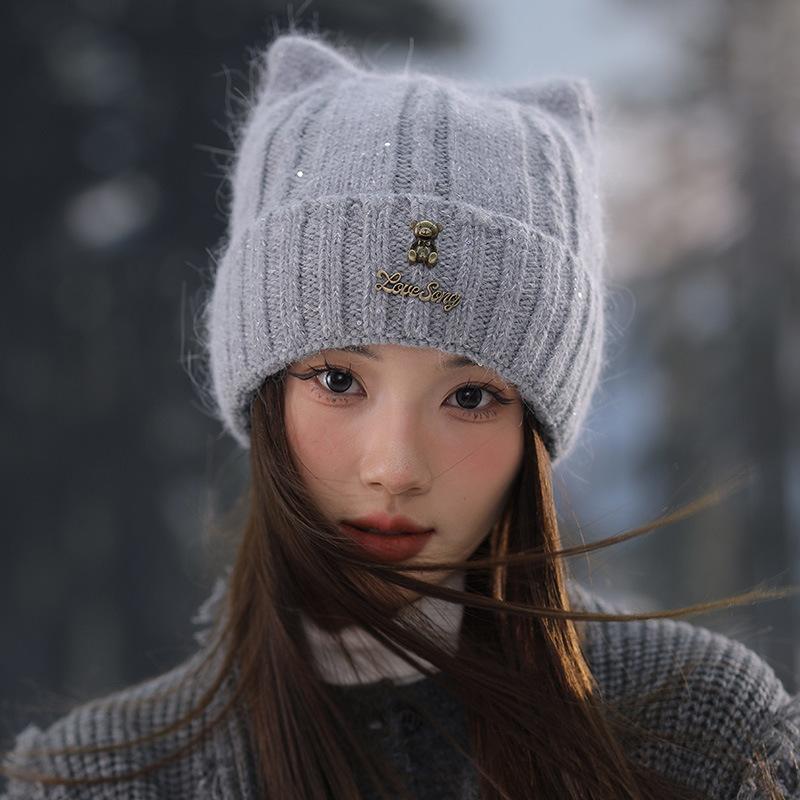 New Cute Kitten Ears Knitted Wool Hat Women's Autumn and Winter Ear Protection Warm Hat